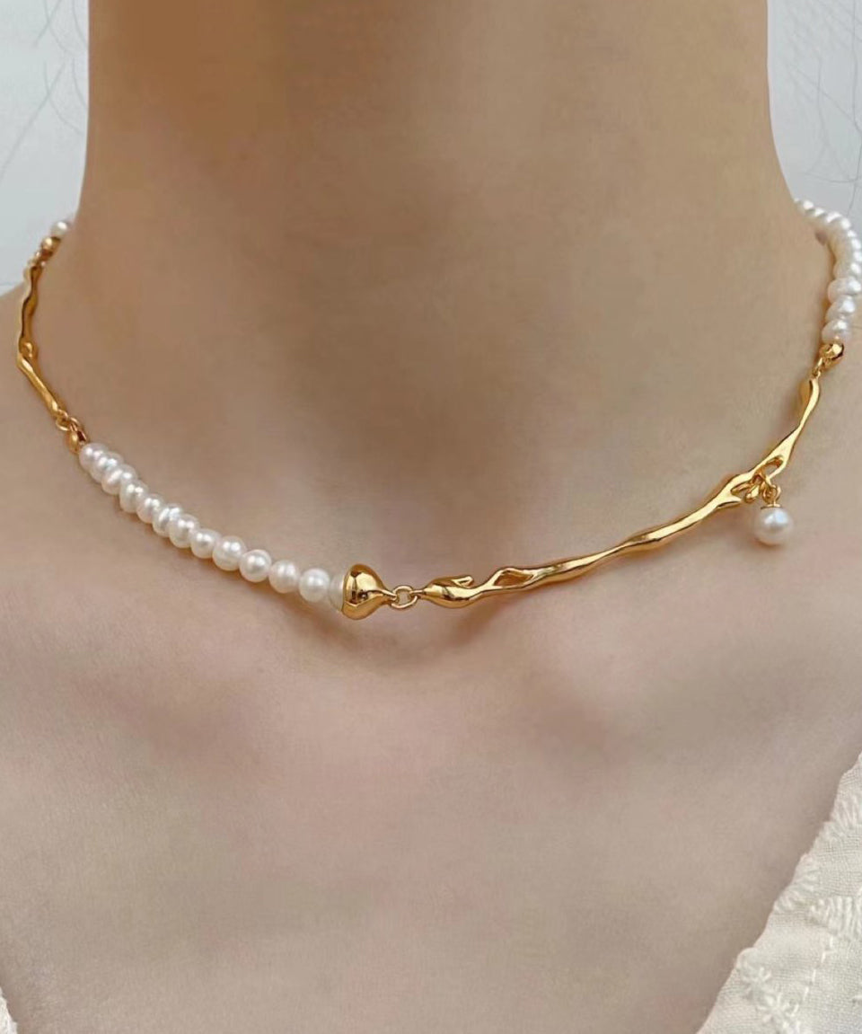 Gold Copper Alloy Pearl Patchwork Gratuated Bead Necklace
