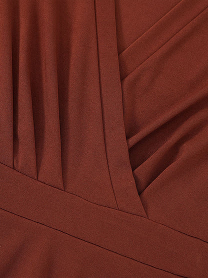 A-line Long Sleeves Gauze Pleated Split-joint V-neck Midi Dresses