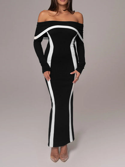 Bodycon Long Sleeves Contrast Color Split-joint Off-the-shoulder Evening Dresses Maxi Dresses