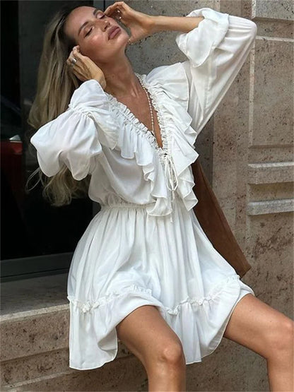 Ruffled V-neck White Mini Dress – Long Sleeve Bandage Dress