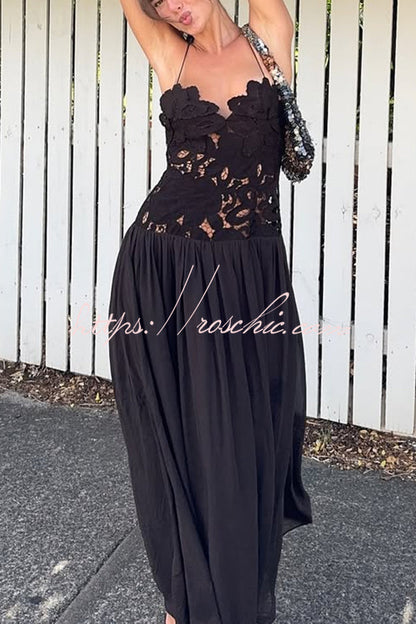 Stephanie Flower Crochet Lace Bust Chiffon Fluffy Hem Maxi Dress