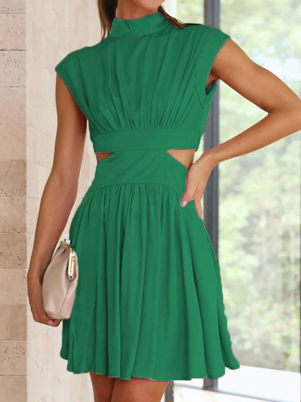 Skinny Belly-hollow Pleated Color Stand Collar Mini Dresses