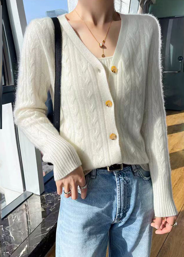 Italian Pink V Neck Cable Wool Knit Cardigans Fall Qp015