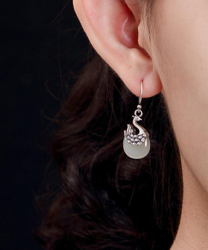 Sterling Silver Legendary Phoenix Jade Drop Earrings
