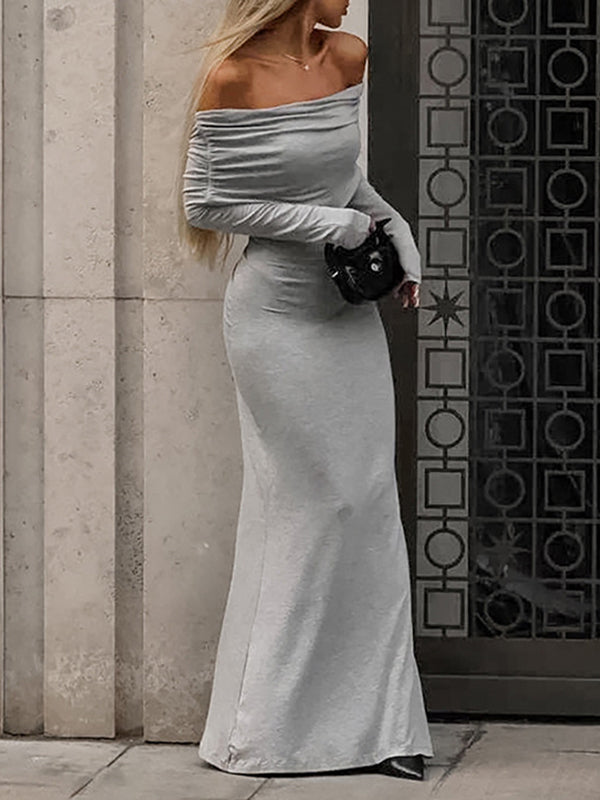 Long Sleeves Skinny Pleated Color Split-joint Off-the-shoulder Evening Dresses Maxi Dresses