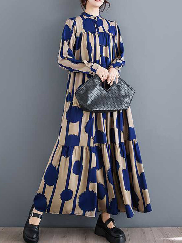 A-line Long Sleeves Buttoned Pleated Polka-dot Split-joint Stand Collar Maxi Dresses Shirt Dress