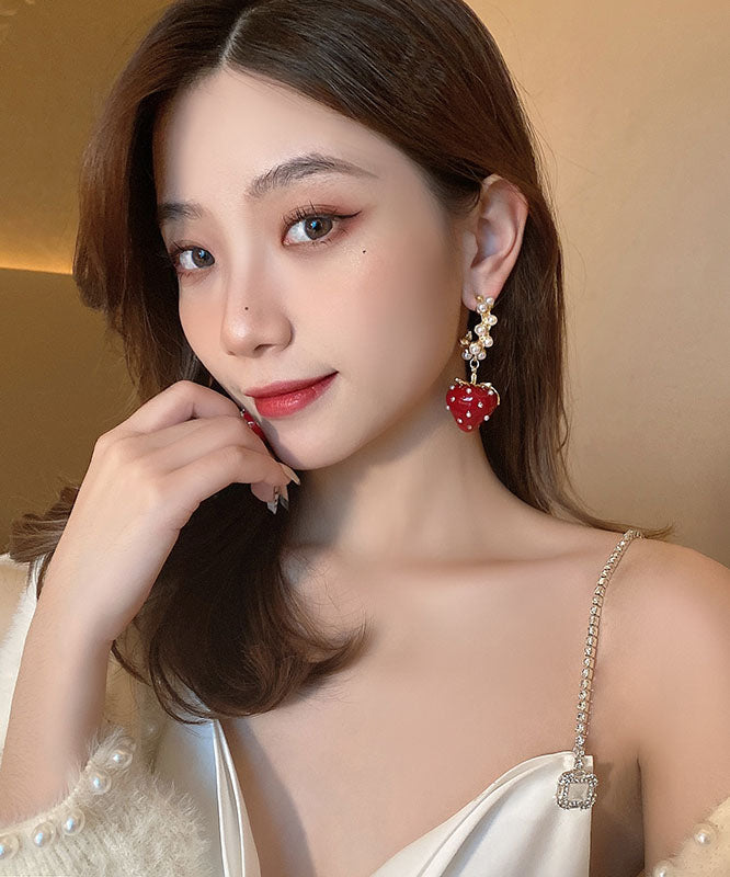 Red Alloy Zircon Jade Strawberry Drop Earrings