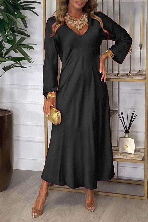 Color V-neck Long-sleeved Loose Draped Maxi Dress