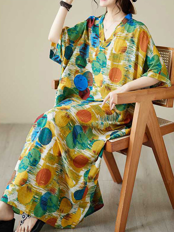 Batwing Sleeves Half Sleeves Contrast Color Polka-dot V-neck Maxi Dresses