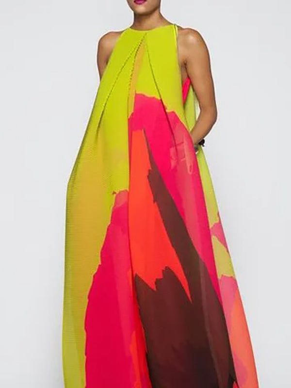 Loose Sleeveless Multi-colored Round-neck Maxi Dresses