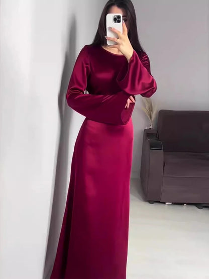 Satin High Waist Maxi Dress Bell Sleeve Lace Up Slim Banquet Mermaid Bodycon Dresses Throbbing in Autumn