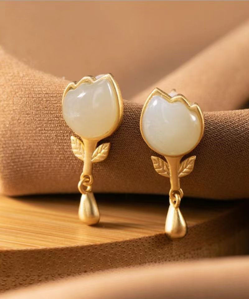 Yellow Sterlign Silver Inlaid Jade Leaf Drop Earrings