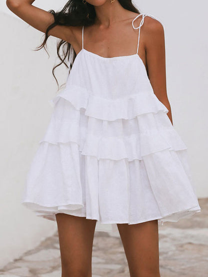 High Waisted Loose Backless Layered Pleated Color Tied Spaghetti-neck Mini Dresses