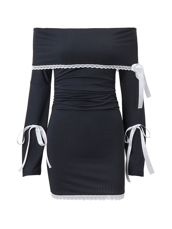 Off Shoulder Tie Up Long Sleeve Mini Dress With Lace Splice