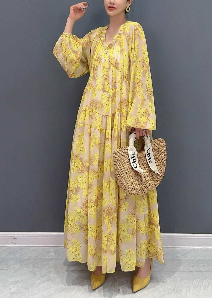 Yellow V Neck Ruffled Print Chiffon Long Dresses Fall Ao1069
