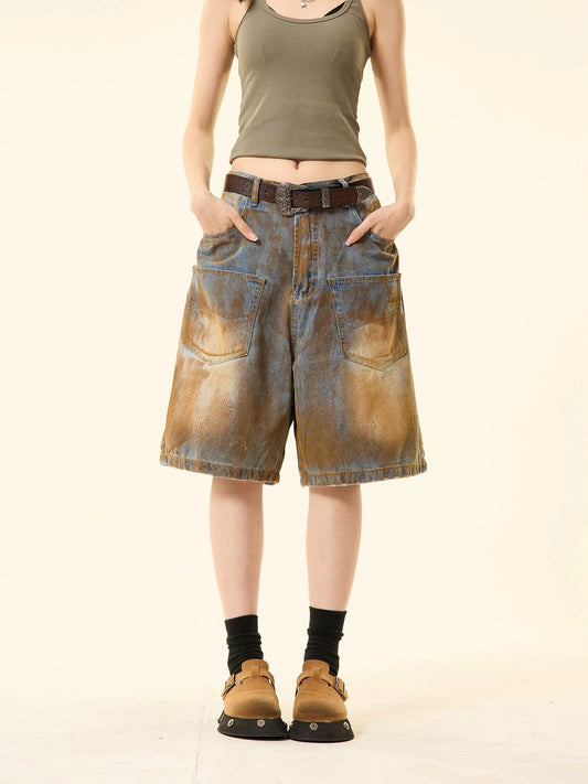 Distressed Denim Oversized Pocket Shorts