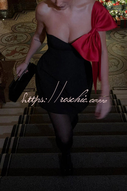 The Best Gift Satin Contrast Color Bow Detail Off Shoulder Mini Dress