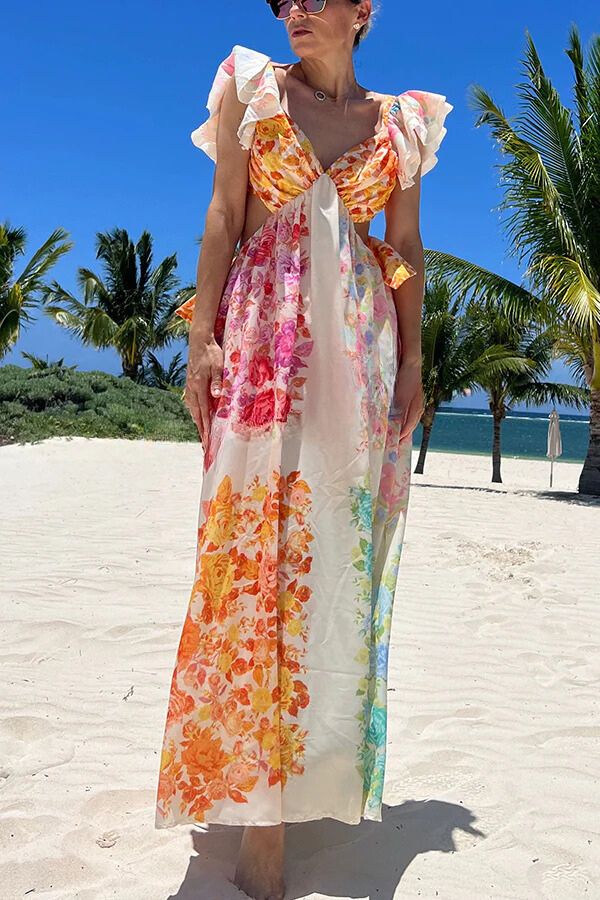 Blooming Beauty Multicolor Frill Cutout Back Tie-up Maxi Dress