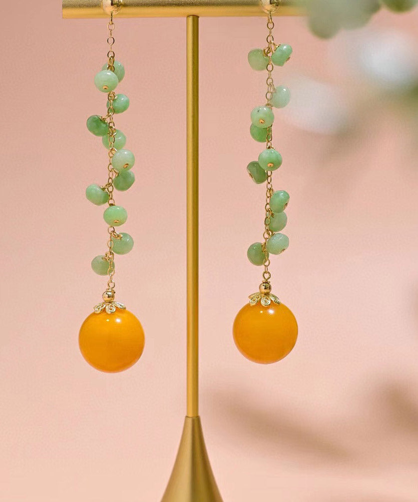 Skinny Green 14k Gold Jade Beeswax Drop Earrings
