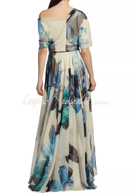 Unique Printed Short-sleeved One-shoulder Maxi Dress