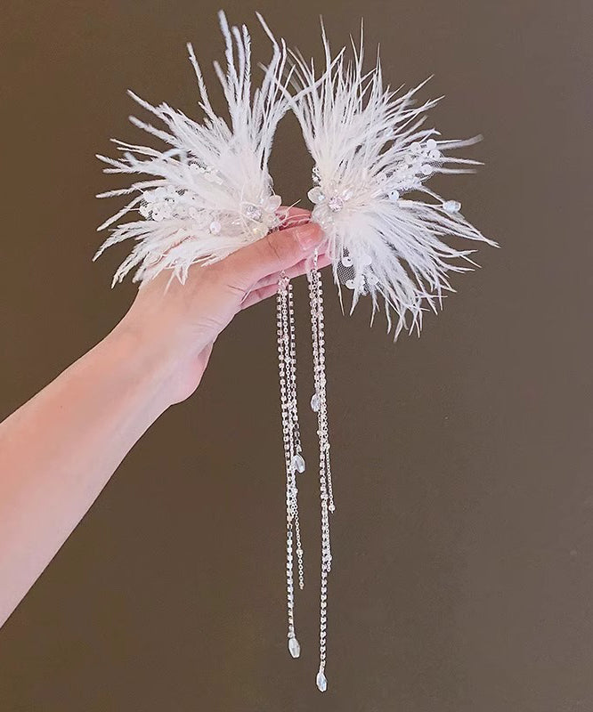 White Alloy Feather Pearl Sequins Tassel Hairpin