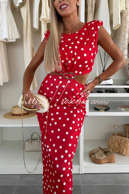 Roxane Polka Dot Print Shoulder Pad Metal Cutout Waist Slit Stretch Maxi Dress