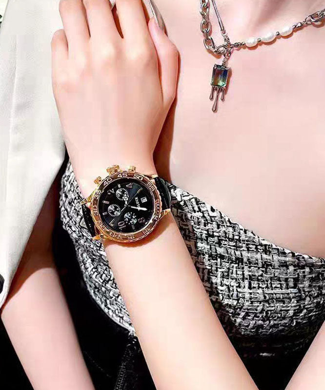Black Leather Alloy Reinforced Glass Waterproof Watches