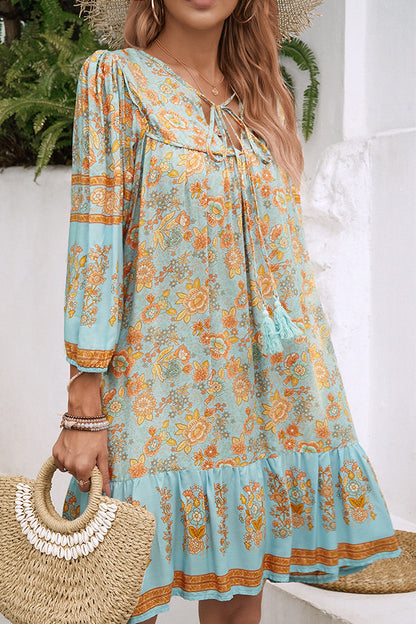 Style Unique Printed V-neck Tie Loose Mini Dress
