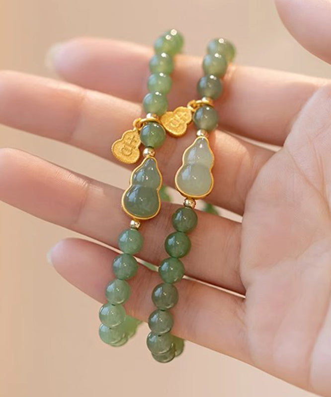 Diy Green Sterling Silver Jade Gourd Two Piece Set Charm Bracelet