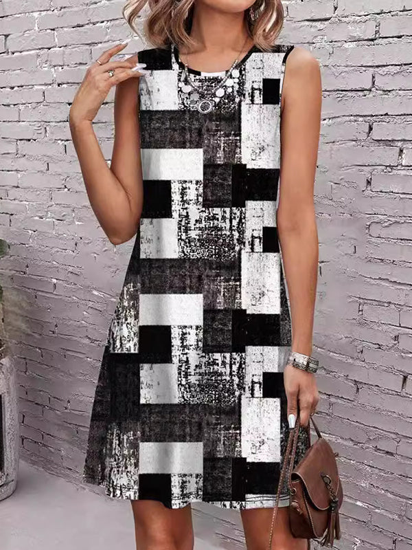 Sleeveless Plaid Round-neck Mini Dresses