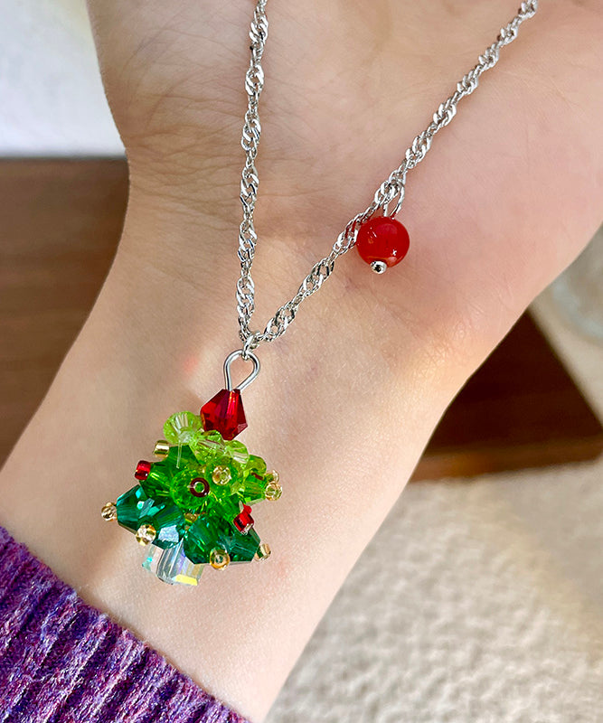 Green Stainless Steel Crystal Christmas Tree Pendant Necklace