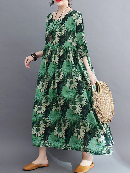 Loose Raglan Sleeve Printed Pleated Split-joint Round-neck Midi Dresses