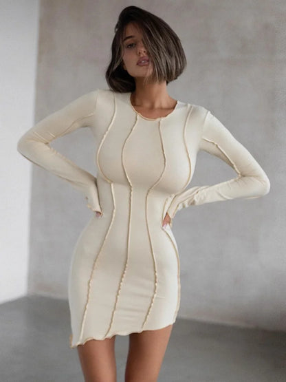 Asymmetrical Slim Mini Dress O-neck Flare Long Sleeve Patchwork Wrap Dress Spring New