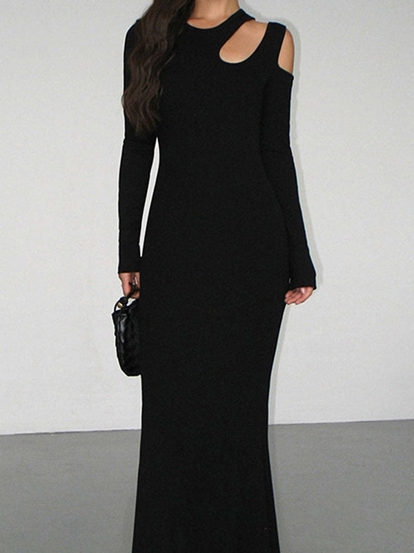 Long Sleeves Skinny Hollow Color Cold Shoulder Maxi Dresses