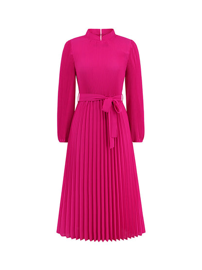 Bishop Sleeve High Waisted Hollow Pleated Color Tied Waist Mock Neck Midi Dresses