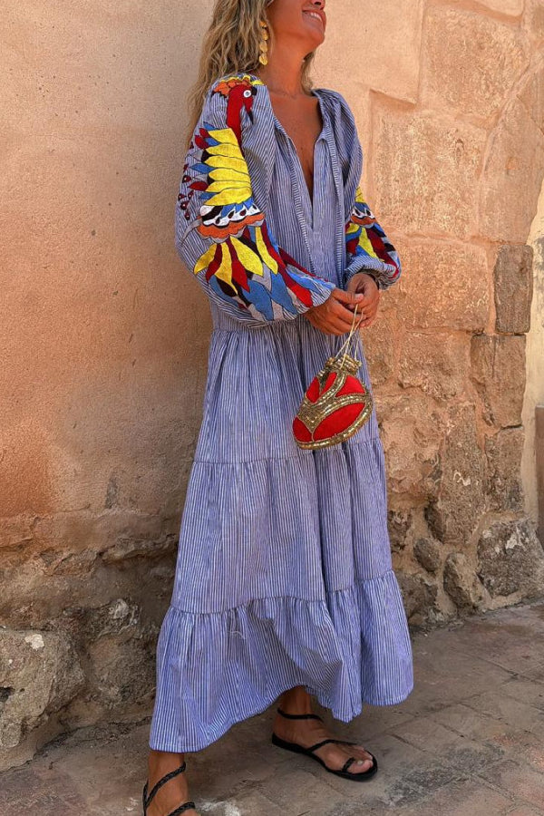Red and White Striped Print Long Dress