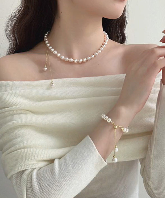 White Copper Alloy Pearl Tassel Charm Bracelet and Gratuated Bead Necklace Two Piece Set
