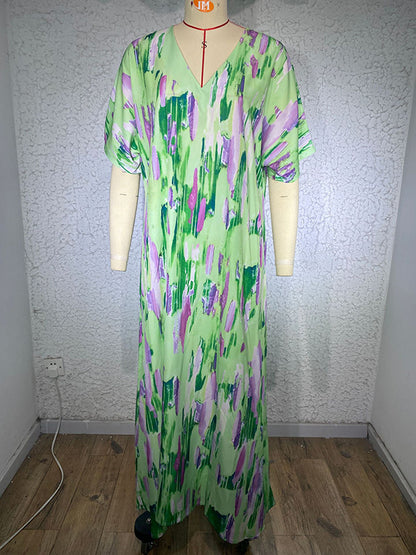Loose Short Sleeves Multi-colored Printed V-neck Maxi Dresses