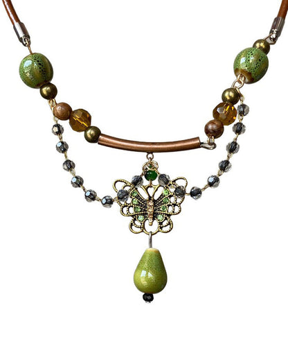 Retro Brown Alloy Butterfly Ceramic Beading Pendant Necklace
