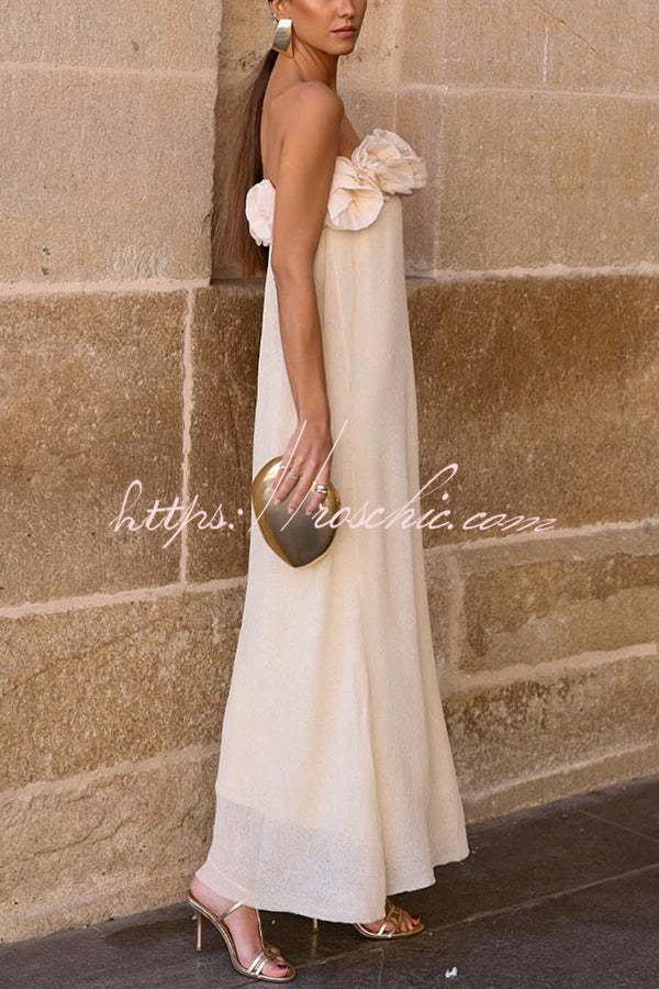 Blooming Flower Applique Elastic Off Shoulder Strapless Maxi Dress
