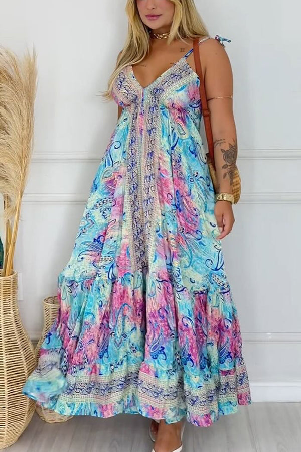 Style Unique Print V-neck Suspender Holiday Maxi Dress