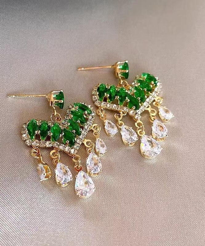 Light Green Zircon Heart-shaped Tassel Stud Earrings