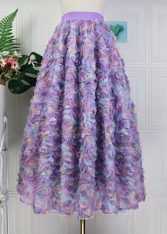 Sakura Gradient Pink Embroidered Elastic Waist Tulle Maxi Skirt