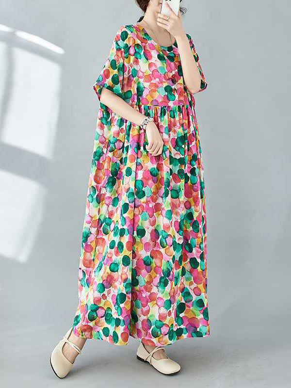 Half Sleeves Loose Pleated Polka-dot Printed Split-joint Round-neck Midi Dresses