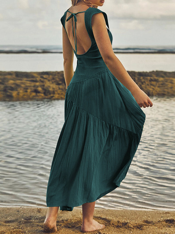 Loose Sleeveless Backless Elasticity Lace-up Pleated Color Split-joint Square-neck Maxi Dresses