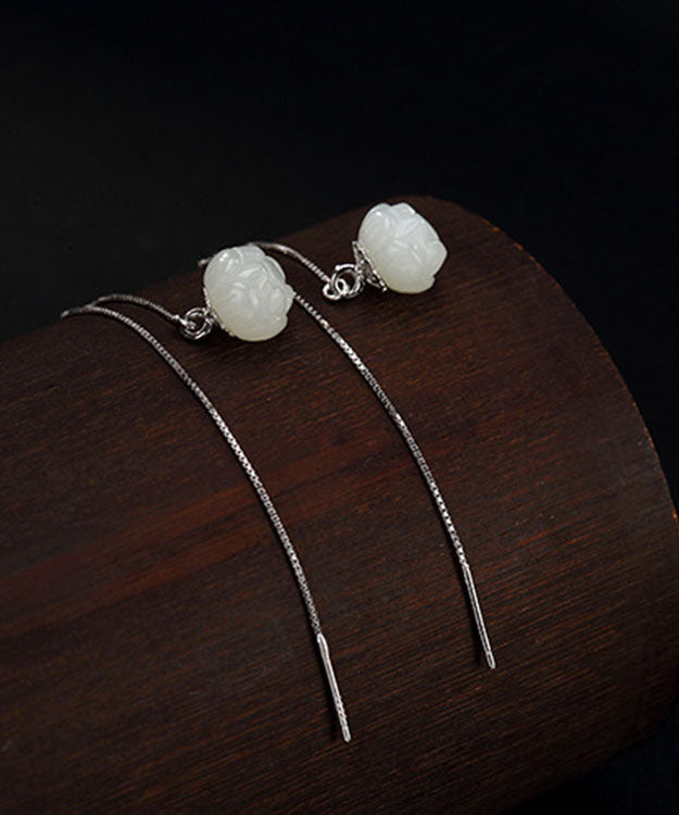 White Sterling Silver Inlaid Jade Lotus Drop Earrings
