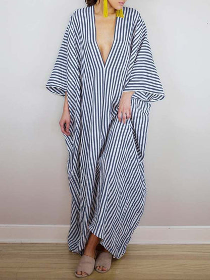 Batwing Sleeves Loose Striped V-back Deep V-neck Maxi Dresses