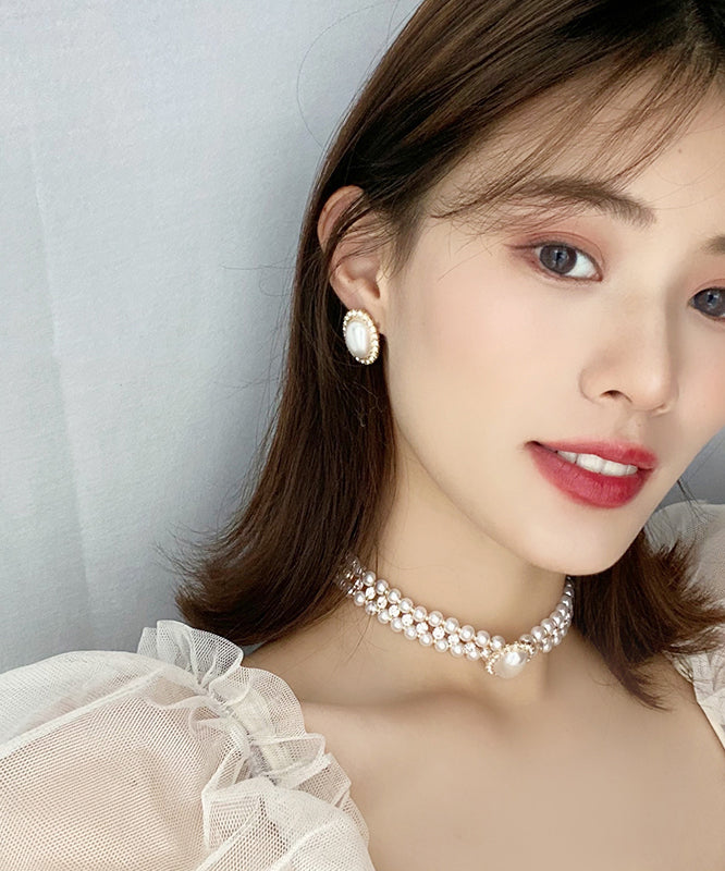 White Sterling Silver Overgild Zircon Pearl Stud Earrings
