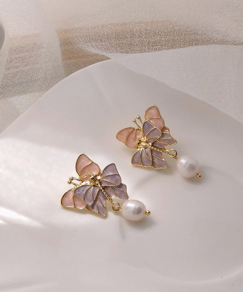 Colorblock Sterling Silver Overgild Pearl Butterfly Drop Earrings