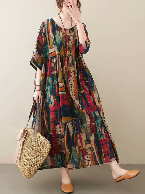 Loose Abstract Printed Pleated Round-neck Half Sleeves Midi Dress